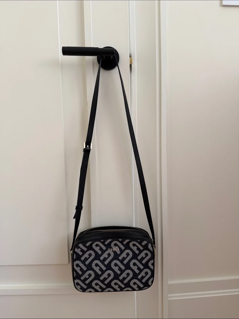 Furla Black and Gray Jacquard Crossbody Logo Bag